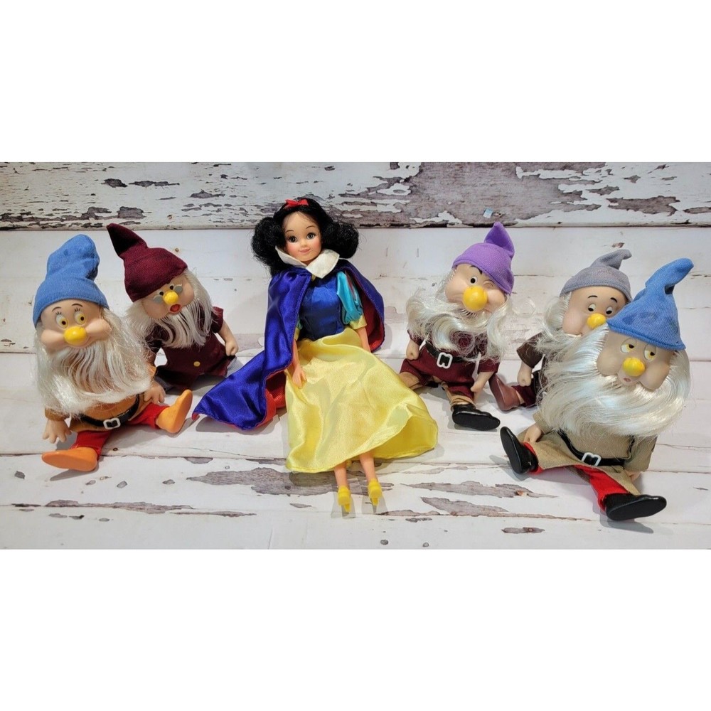 Vintage Bikin Walt Disney Dwarfs Vinyl Figure Dolls & 11 1/2" Snow White Doll
